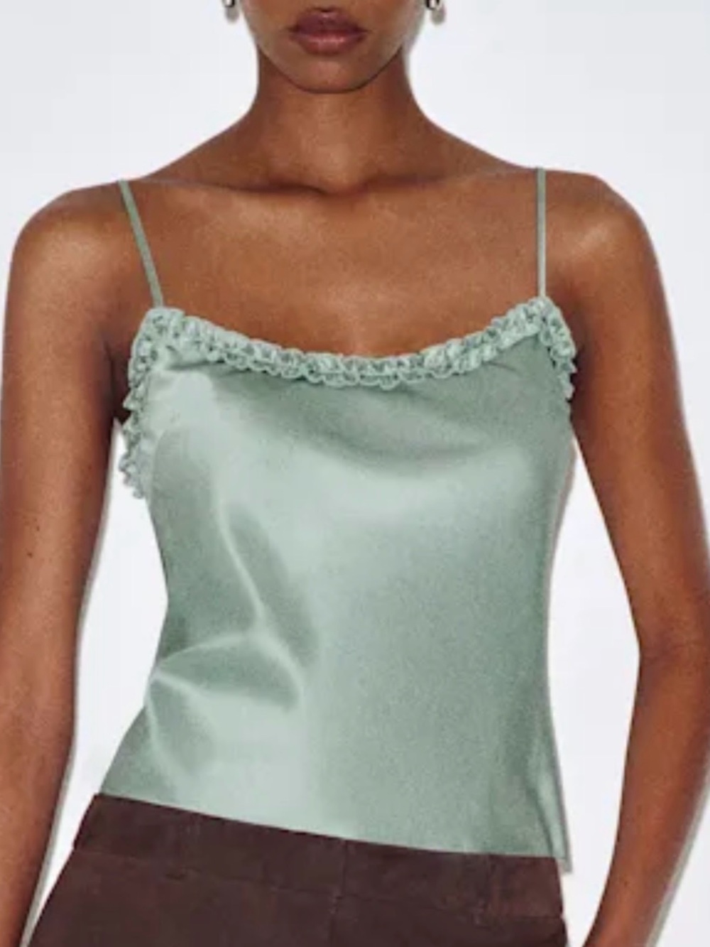 Reformation Satin Ruffle Trim Cami Tank Top - Sage Green
